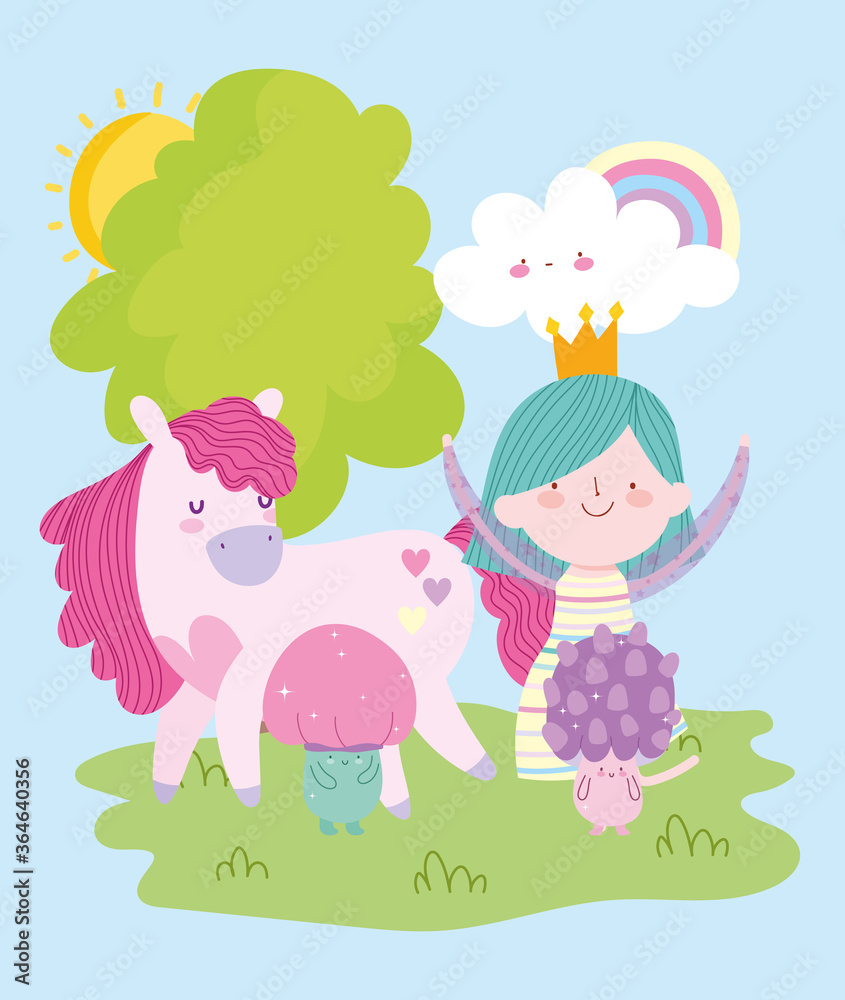 cute little fairy princess with magic unicorn mushroom and rainbow tale cartoon cute little fairy princess with magic unicorn mushroom and rainbow tale cartoon