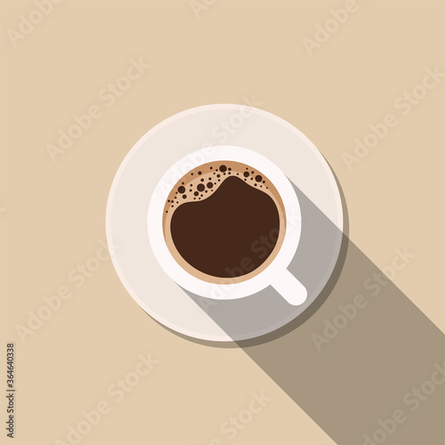 cup of coffee with foam. Minimalistic cup of latte with long shadow. Cappuccino, view from above. Top View. Minimal Design Poster flat vector illustration.