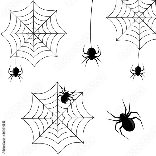 set of spiders on a web in black on a white background for Halloween, vector illustration, design, decoration