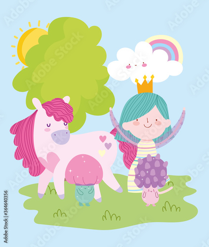 cute little fairy princess with magic unicorn mushroom and rainbow tale cartoon