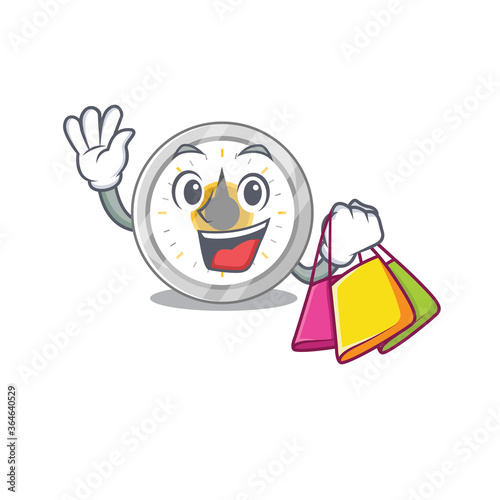 Old kitchen timer wealthy cartoon character concept with shopping bags