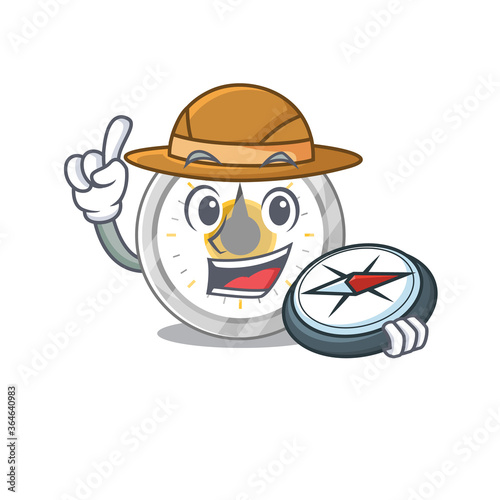 Old kitchen timer mascot design style of explorer using a compass during the journey