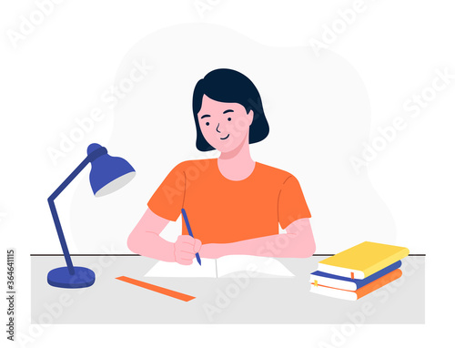 Happy girl studying with books. Student girl at the desk writing for her homework. Back to school. Studying on the table. Study concept. Flat vector illustration. photo