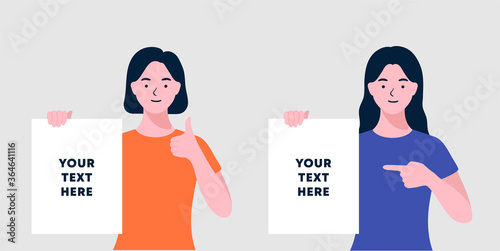 Girl holding displaying white blank board and pointing finger. Happy woman showing blank signboard with copyspace area for your text or slogan. Banner, poster. Thumbs up. Flat vector illustrations.