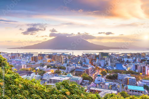 Kagoshima city downtown skyline cityscape  with Sakurajima Volcano in Kyushu, Japan
