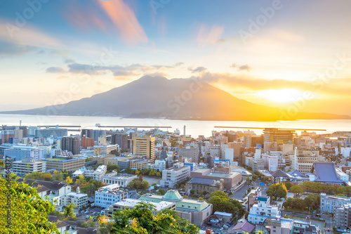 Kagoshima city downtown skyline cityscape  with Sakurajima Volcano in Kyushu, Japan