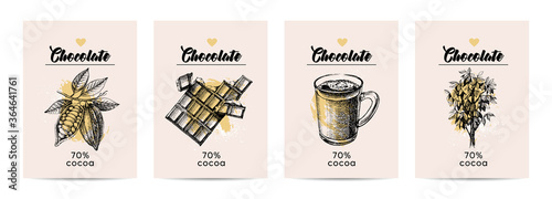 Hand drawn sketch cocoa chocolate product banners. Vintage illustration of natural healthy sweet food. Vector poster set