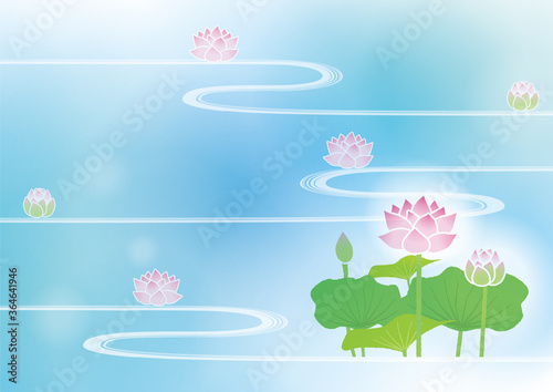 流水に浮かぶ幻想的な蓮の花と青い涼し気な背景1