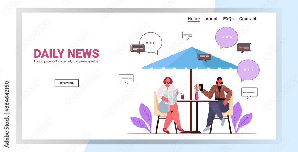 visitors reading newspapers and discussing daily news during coffee break chat bubble communication concept women sitting at cafe table full length horizontal copy space vector illustration visitors reading newspapers and discussing daily news during coffee break chat bubble communication concept women sitting at cafe table full length horizontal copy space vector illustration