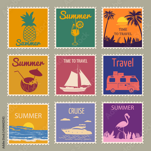 Set Postage stamp summer vacation Sunset Watermelon Jar Ice Cream Yacht Van Sailboat Pineapple Flamingo
