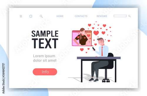 businessman using smartphone chatting with girlfriend in online dating app virtual relationship social networking concept full length horizontal copy space vector illustration