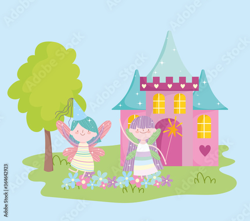 little winged fairies princess with castle flowers tale cartoon