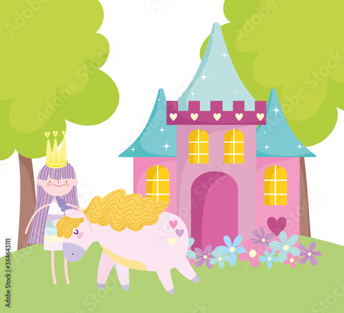 little fairy princess with cute unicorn castle and flowers tale cartoon