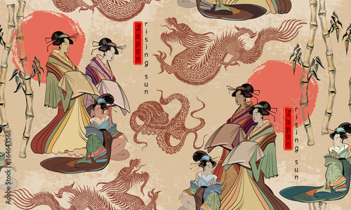 Japanese culture seamless pattern. Traditional Japan art. Red sun, bamboo forest, dragons and geisha woman. Ancient style