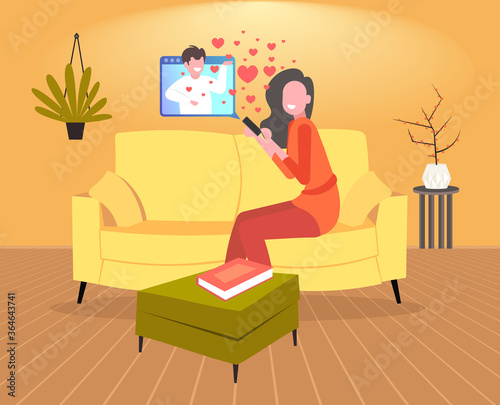 girl using smartphone chatting with boyfriend in online dating app social relationship communication concept living room interior full length horizontal vector illustration