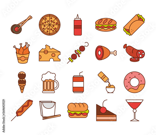 fast food dinner and menu, tasty meal and unhealthy, restaurant lunch icons set line and fill style