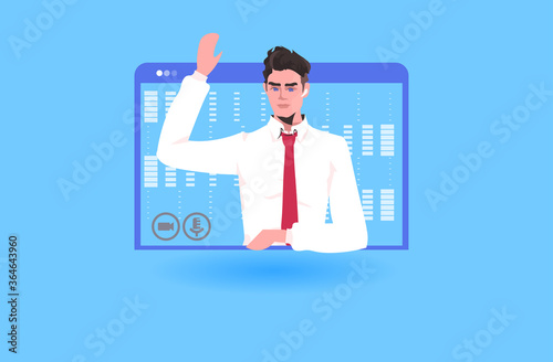 businessman having online briefing or virtual conference during video call remote work quarantine isolation concept man worker in web browser window portrait vector illustration
