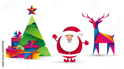 Święty Mikołaj, choinka, prezenty i renifer. Bożonarodzeniowa kartka z życzeniami wektor.	
