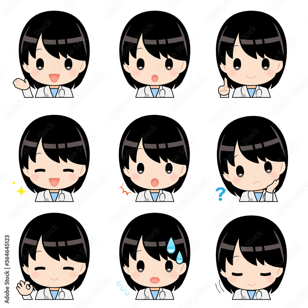 イラスト素材 アニメ調 聴診器白衣を着た黒髪女性の表情アイコンセット Vector De Stock Adobe Stock
