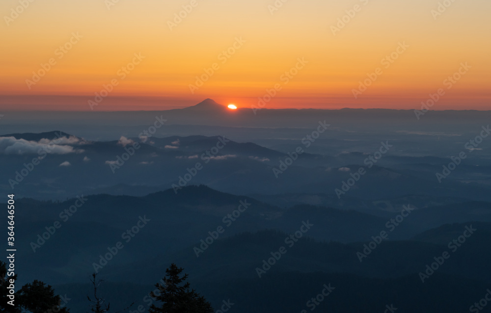 Sunrise beginning over Mt. Hood and the Willamette Valley of Oregon