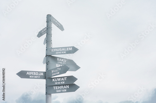 Signpost in the mountains against the sky