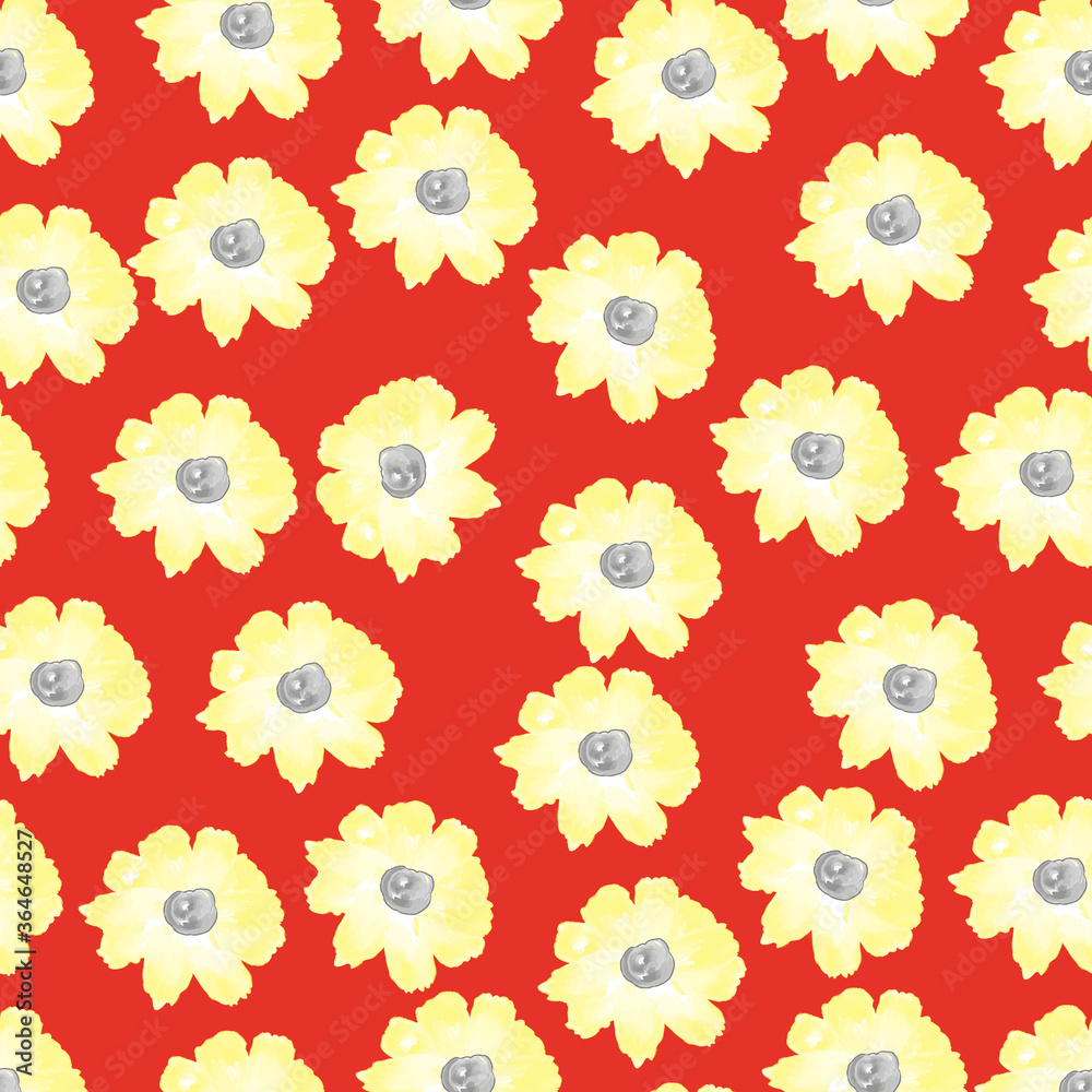Abstract seamless pattern with isolated yellow flowers silhouettes on red background. Vector illustration.Floral seamless pattern design. Summer flowers and leaves. Cute hand drawn vector illustration