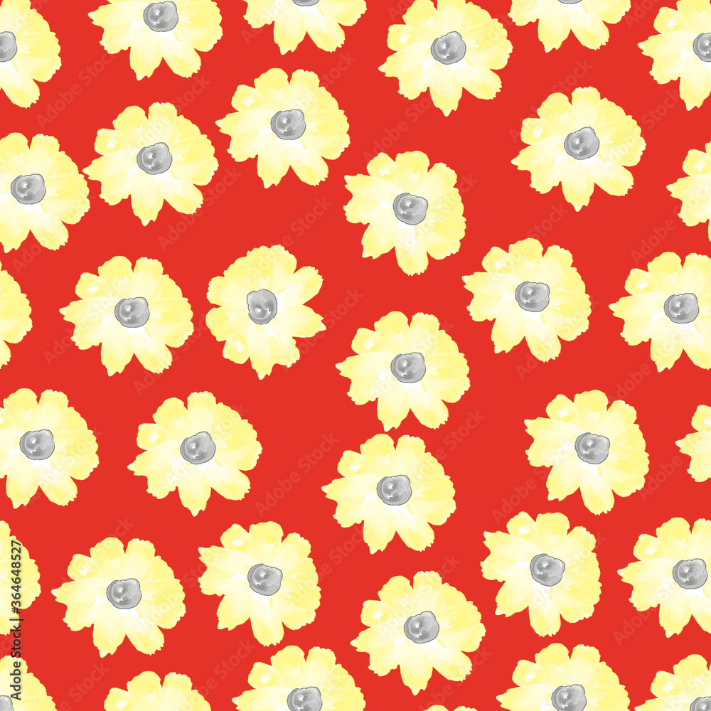 Abstract seamless pattern with isolated yellow flowers silhouettes on red background. Vector illustration.Floral seamless pattern design. Summer flowers and leaves. Cute hand drawn vector illustration Abstract seamless pattern with isolated yellow flowers silhouettes on red background. Vector illustration.Floral seamless pattern design. Summer flowers and leaves. Cute hand drawn vector illustration