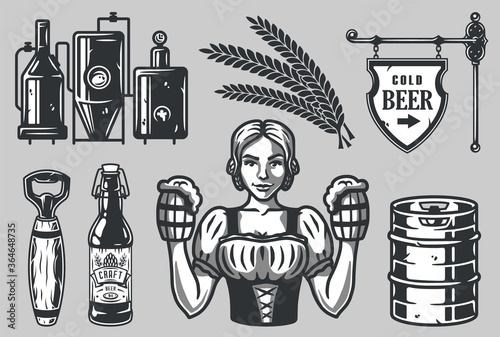 Bar tools girl, spikelet, keg, bottle, factory