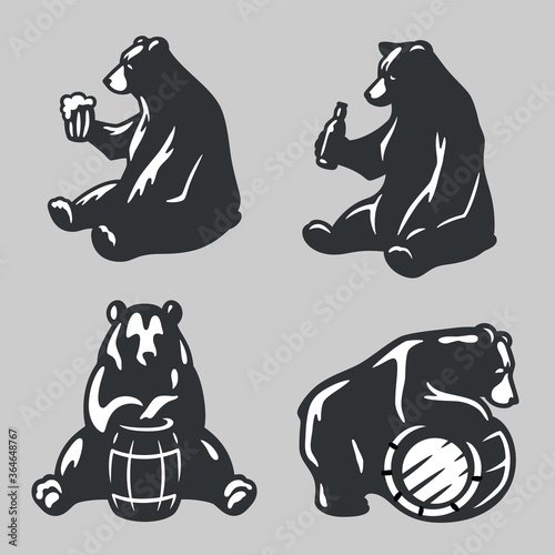 Set bear with wood barrel of beer or honey