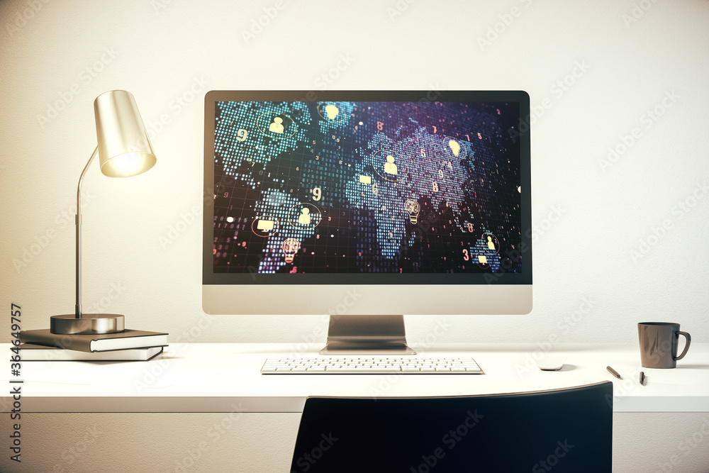 Modern computer screen with social network icons concept and world map. Networking concept. 3D Rendering Modern computer screen with social network icons concept and world map. Networking concept. 3D Rendering