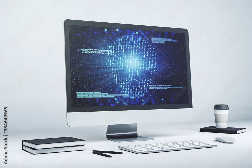 Creative code skull sketch on modern laptop monitor, theft of personal data and malware concept. 3D Rendering Creative code skull sketch on modern laptop monitor, theft of personal data and malware concept. 3D Rendering