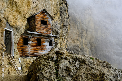 Hut of officers on the Martini Ledge of Mount Lagazuoi during WWI. Rifugio Lagazuoi in Veneto. First world war italian photo