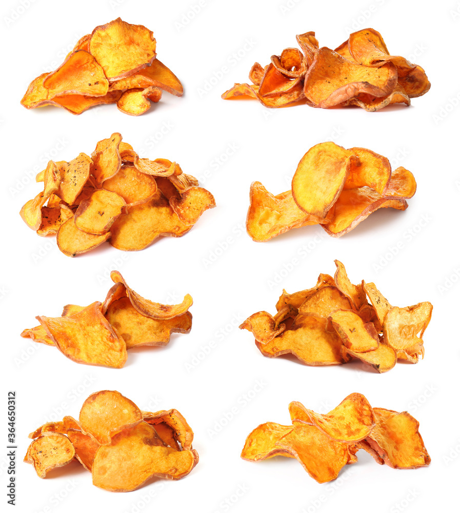 Set of sweet potato chips on white background Set of sweet potato chips on white background