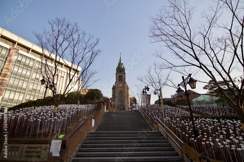Photography Seoul, South Korea - 14 February 2019: The stairs to Myeongdong Cathedral in town in the Myeongdong neighborhood of Jung-gu