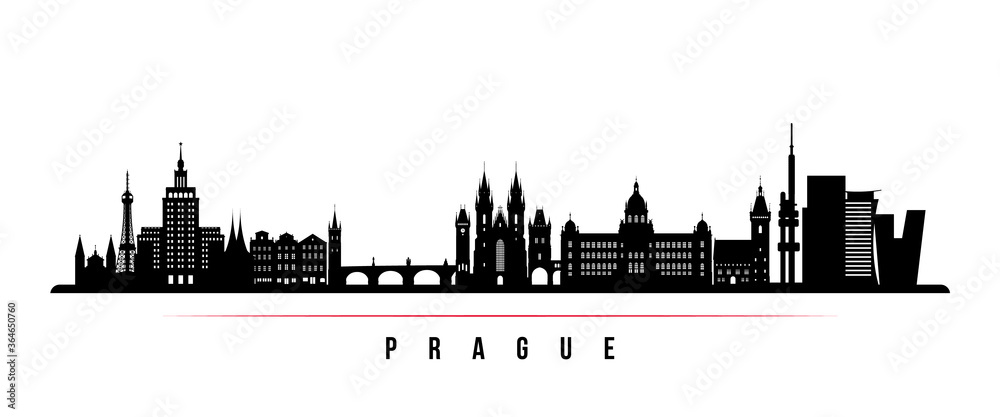 Prague skyline horizontal banner. Black and white silhouette of Prague, Czech Republic. Vector template for your design.