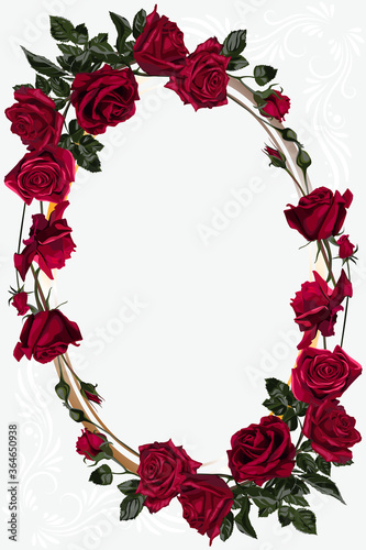 Greeting card with oval frame and flowers. Red rose blossom.