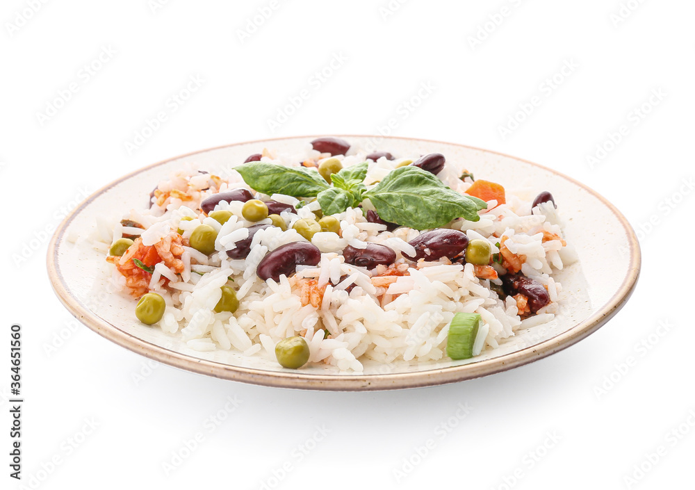 Plate with tasty rice, beans and vegetables on white background Plate with tasty rice, beans and vegetables on white background