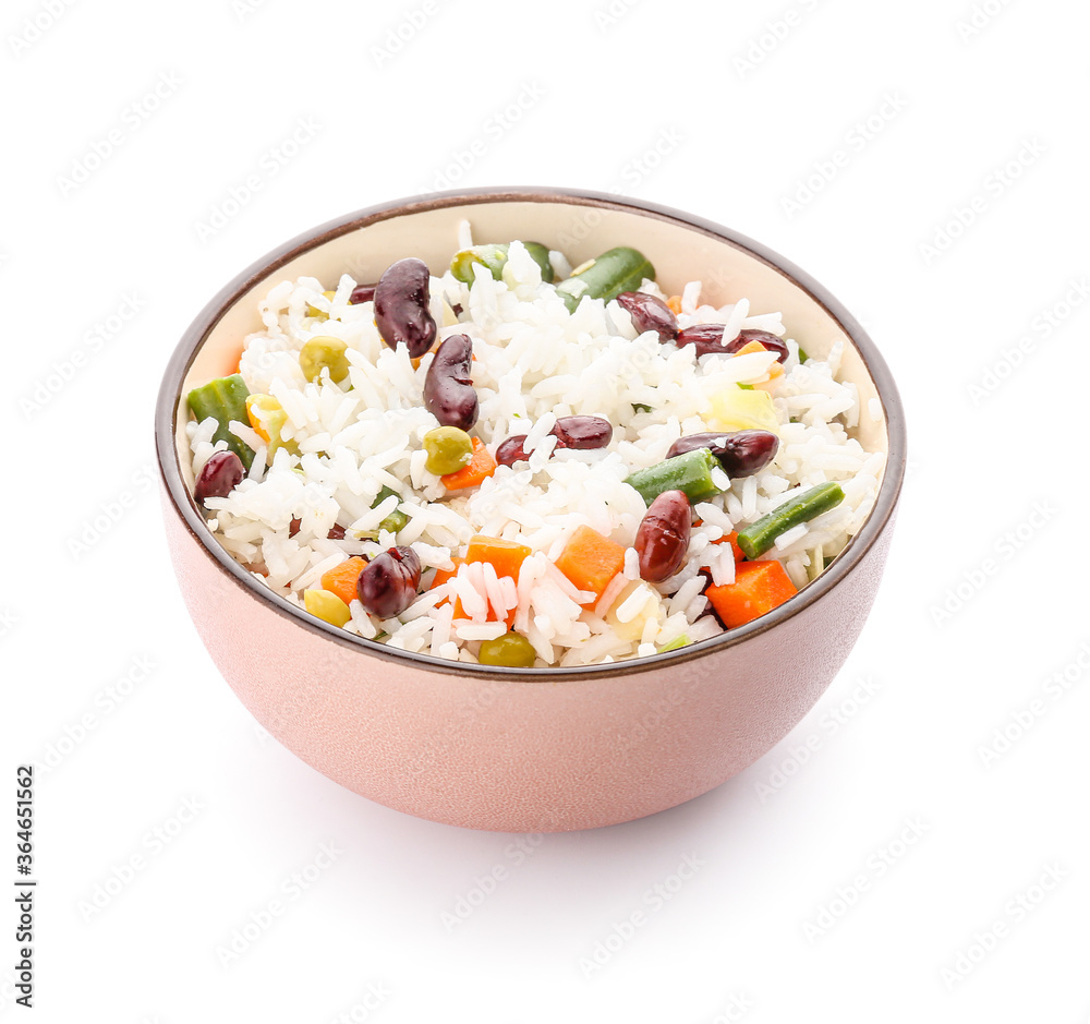 Bowl with tasty rice, beans and vegetables on white background Bowl with tasty rice, beans and vegetables on white background