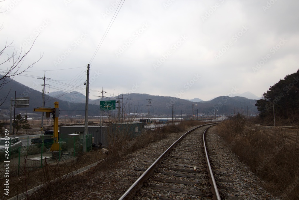 Gangchon Rail Park, Chuncheon, South Korea - 15 February 2019: The rail cart for visitors to ride along old railroad tracks in the theme park. 