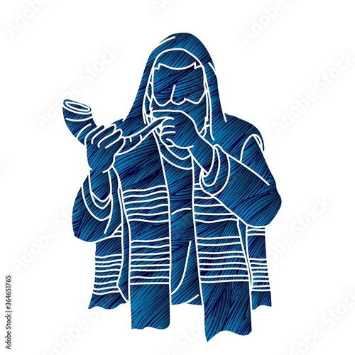 Jewish blowing the Shofar horn cartoon graphic vector.	