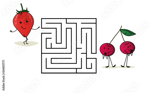 Square maze labyrinth with cartoon characters. Cute berries strawberries and cherries. Interesting game for children. Worksheet for education. Illustration isolated on white background.