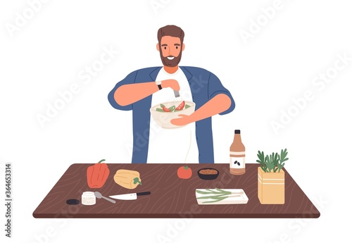 Smiling man on diet cook vegetable salad on kitchen table vector flat illustration. Male apply salt to vegetarian healthy food isolated on white. Guy preparing dinner or lunch with spices and herbs