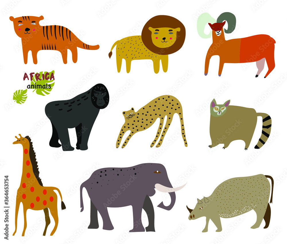 Obraz premium Africa animals. Safari collection with giraffe,rhino, tiger, lion, gorilla, lemur, elephant, goat, cheetah. Transparent background. Flat design. Vector 
