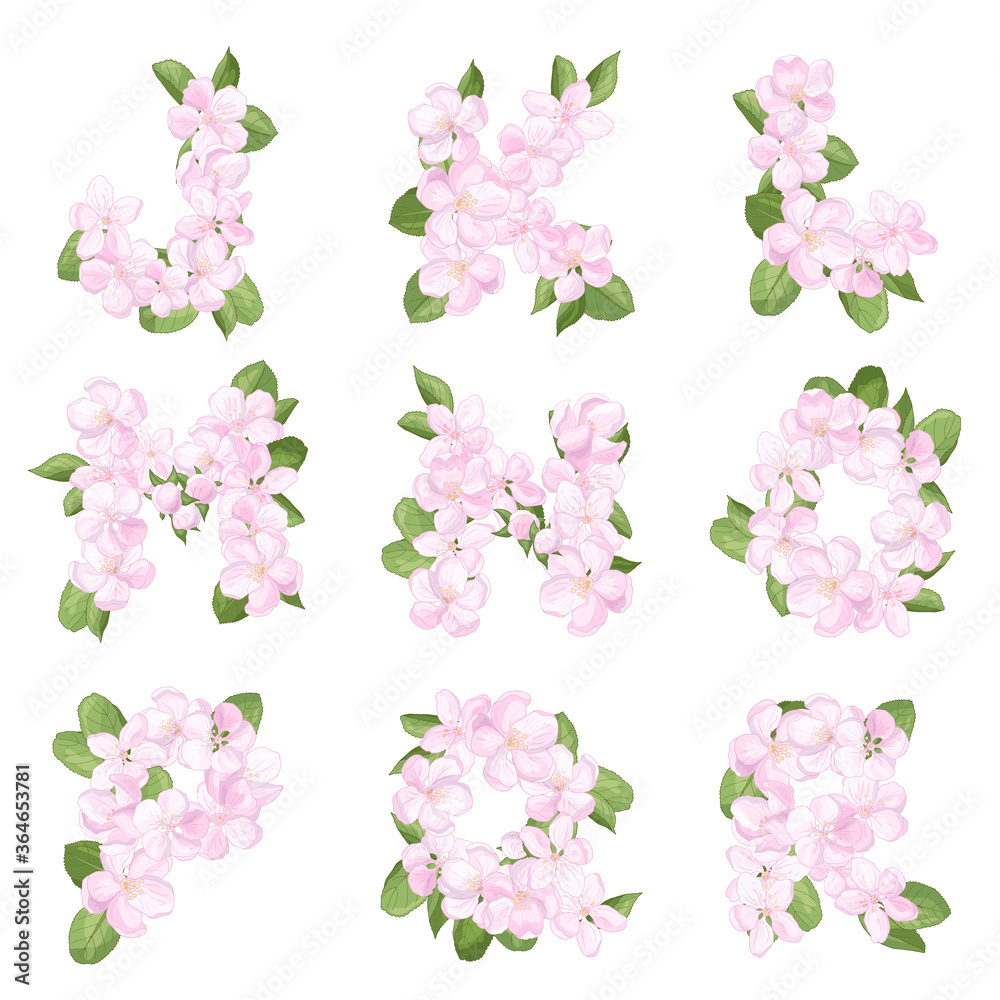 Letters J-R of the English alphabet from apple blossom