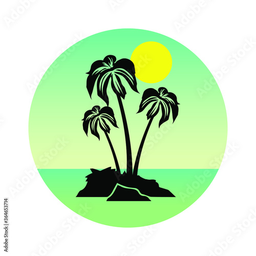 Tropical landscape with palm trees silhouettes on a blue background with a circle . Icons  logos  or labels.