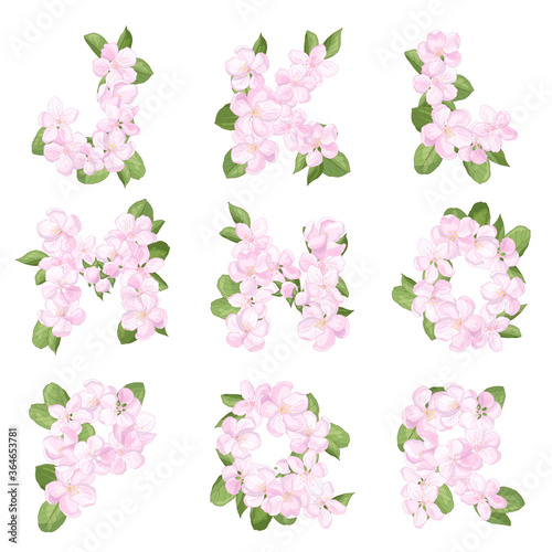Letters J-R of the English alphabet from apple blossom