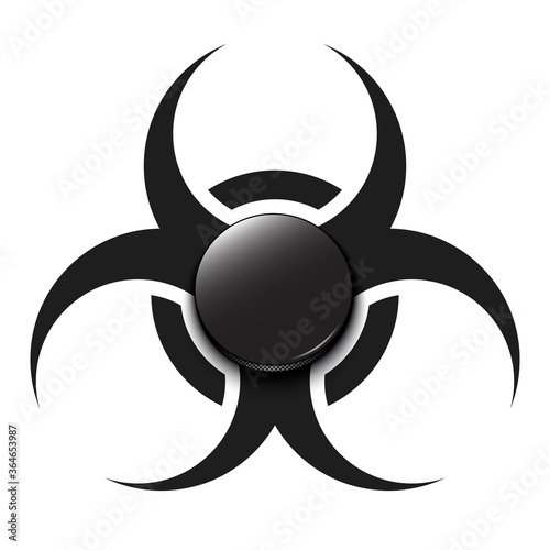 Biohazard symbol with hockey puck. Caution biological danger toxic sign. Soccer quarantined. Cancellation of sports tournaments. Vector illustration