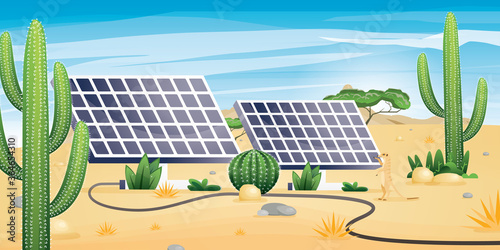 Solar Energy Concept with Deserted Landscape. Two Solar Panels and Plants. Renewable Alternative Ecological Technology.