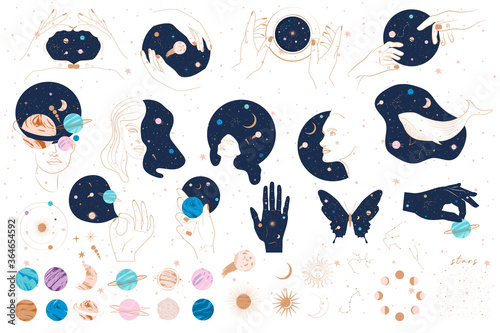 Collection of Mystical and Astrology objects, Woman face, Space objects, planet, constellation, human hands. Minimalistic objects made in the one line style. Editable vector illustration.