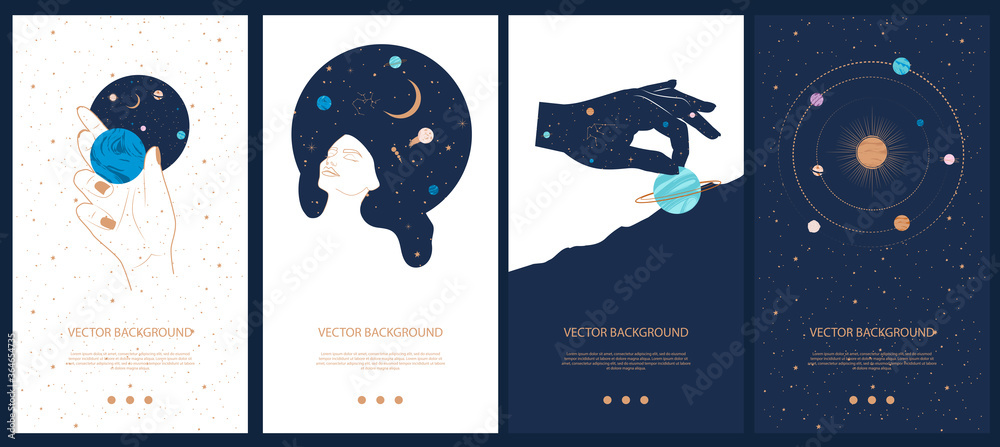 Collection of space and mysterious illustrations for stories templates, Mobile App, Landing page, Web design in hand drawn style. Magic, occultism and astrology concept.  - obrazy, fototapety, plakaty 